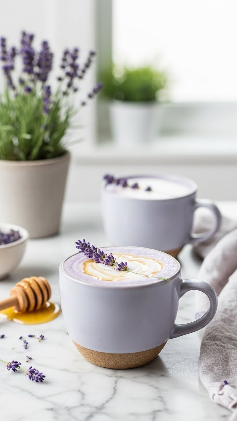 Honey lavender latte in ceramic mug with lavender sprig on marble countertop and honey dipper