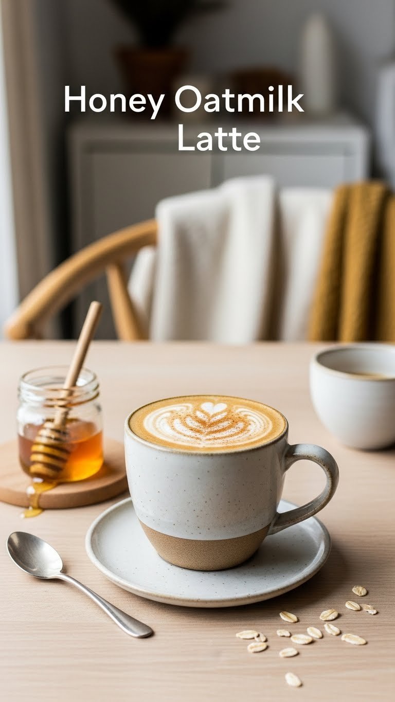 Honey oatmilk latte in ceramic mug with frothy texture and latte art on minimalist wooden surface.