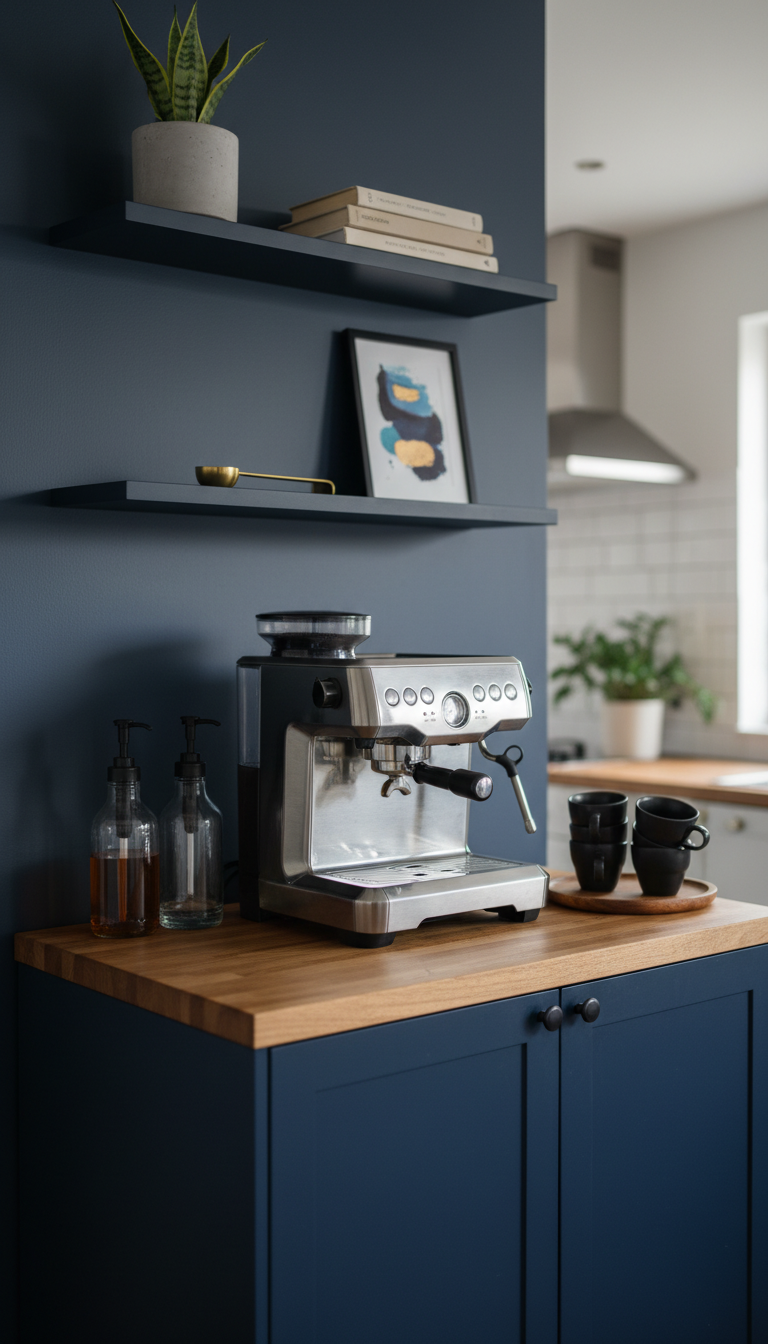 IKEA BESTA cabinet coffee bar with butcher block top and high-end espresso machine against navy blue wall