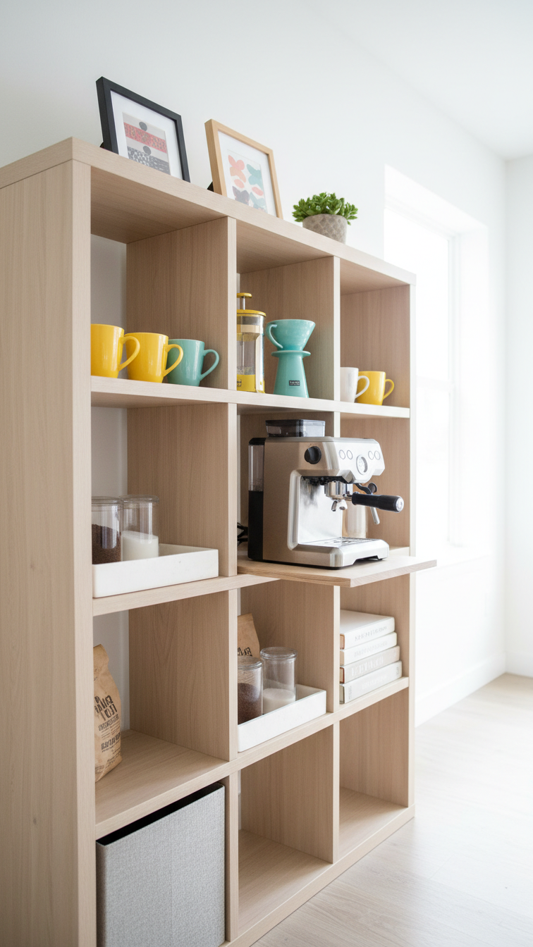 IKEA coffee bar hack using bookcase with colorful mugs and affordable coffee station setup