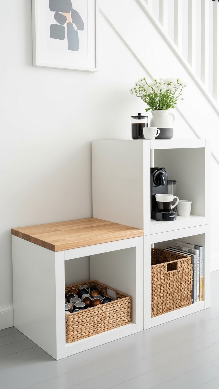 IKEA hack coffee station under stairs using white KALLAX shelving unit with light wood top and coffee maker.