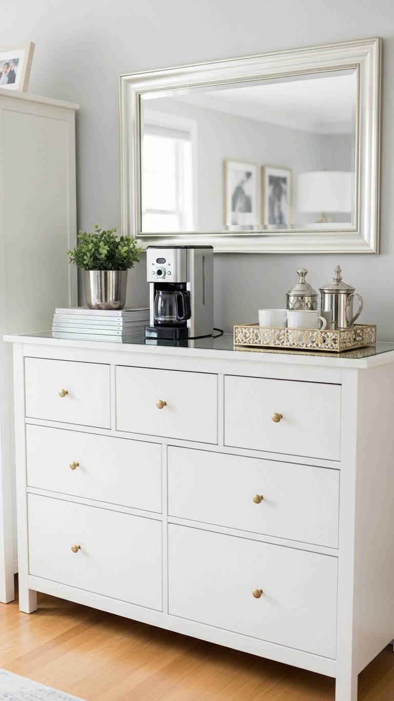 IKEA hack glam coffee bar with customized Kallax shelving, gold handles, and mirrored top in neutral living space