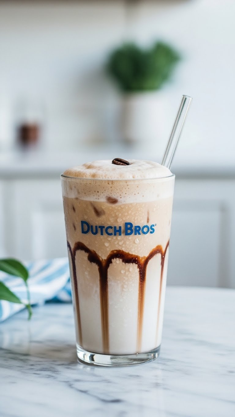 Iced White Coffee Mocha Dutch Bros drink with soft top, espresso layer, and chocolate drizzle on marble countertop