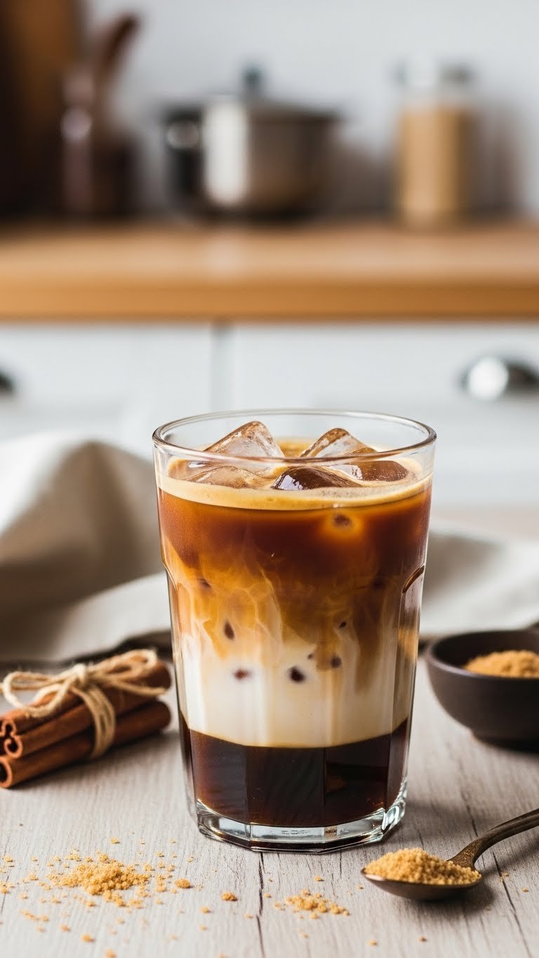 Iced brown sugar oatmilk shaken espresso with layered presentation on light wooden table with cinnamon sticks.
