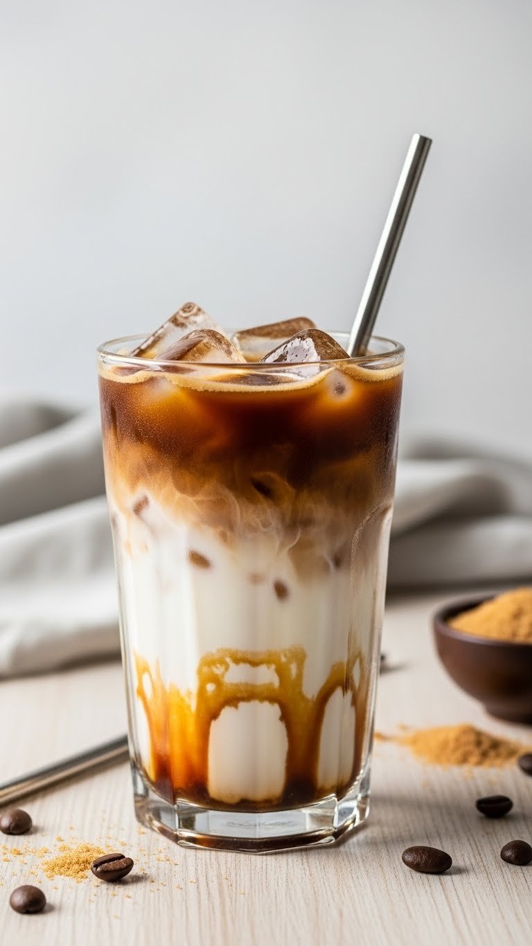 Iced brown sugar shaken espresso latte in tall glass with ice and metal straw
