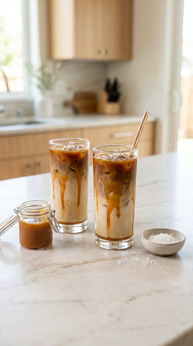 Iced caramel sea salt coffee in tall glass showing layered coffee, milk, and caramel drizzle with flaky salt garnish