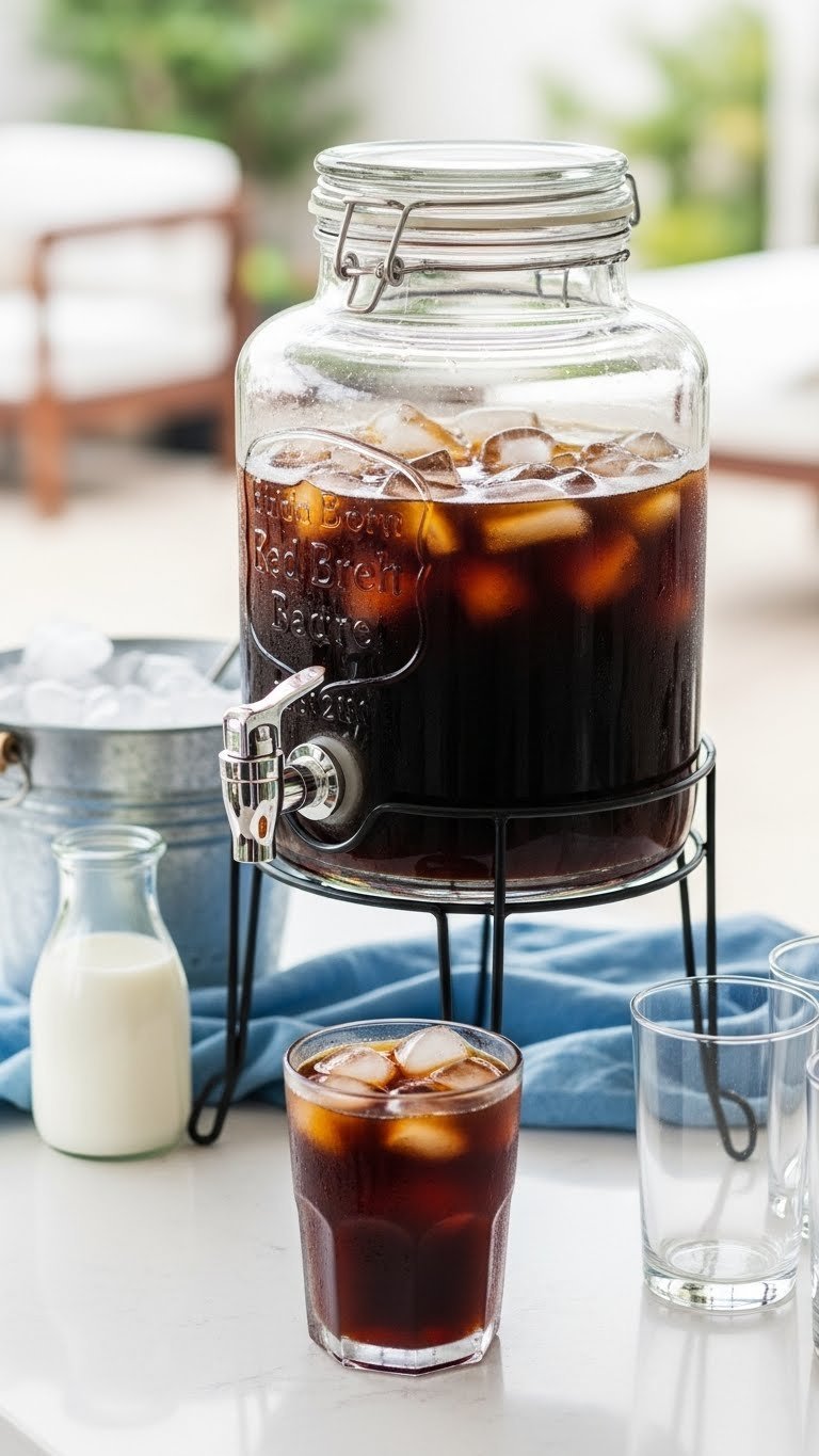 Iced coffee bar with glass beverage dispenser filled with cold brew and ice cubes showing condensation