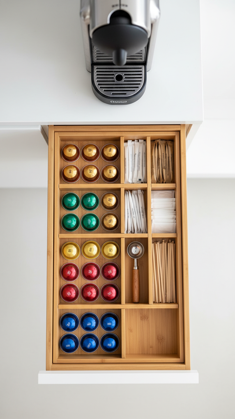 Impeccably organized kitchen drawer with bamboo dividers for coffee pods and accessories