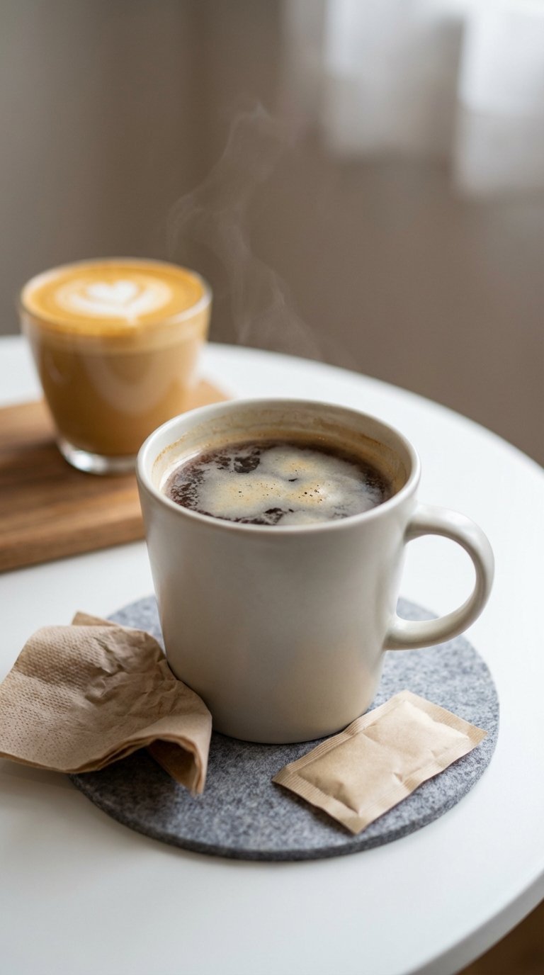 Imperfect Starbucks coffee cup with questionable foam contrasted with perfectly brewed cup in background