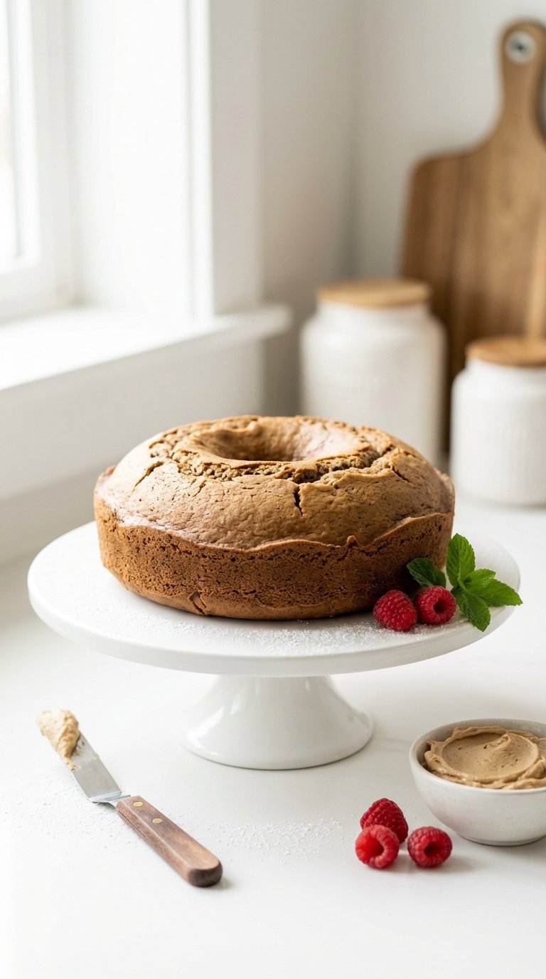 Imperfect coffee flavored cake with fixing tools like offset spatula on white cake stand in practical kitchen setting