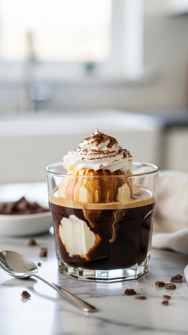 Indulgent mocha affogato in a glass cup with vanilla ice cream, espresso, chocolate syrup, and whipped cream on marble countertop.