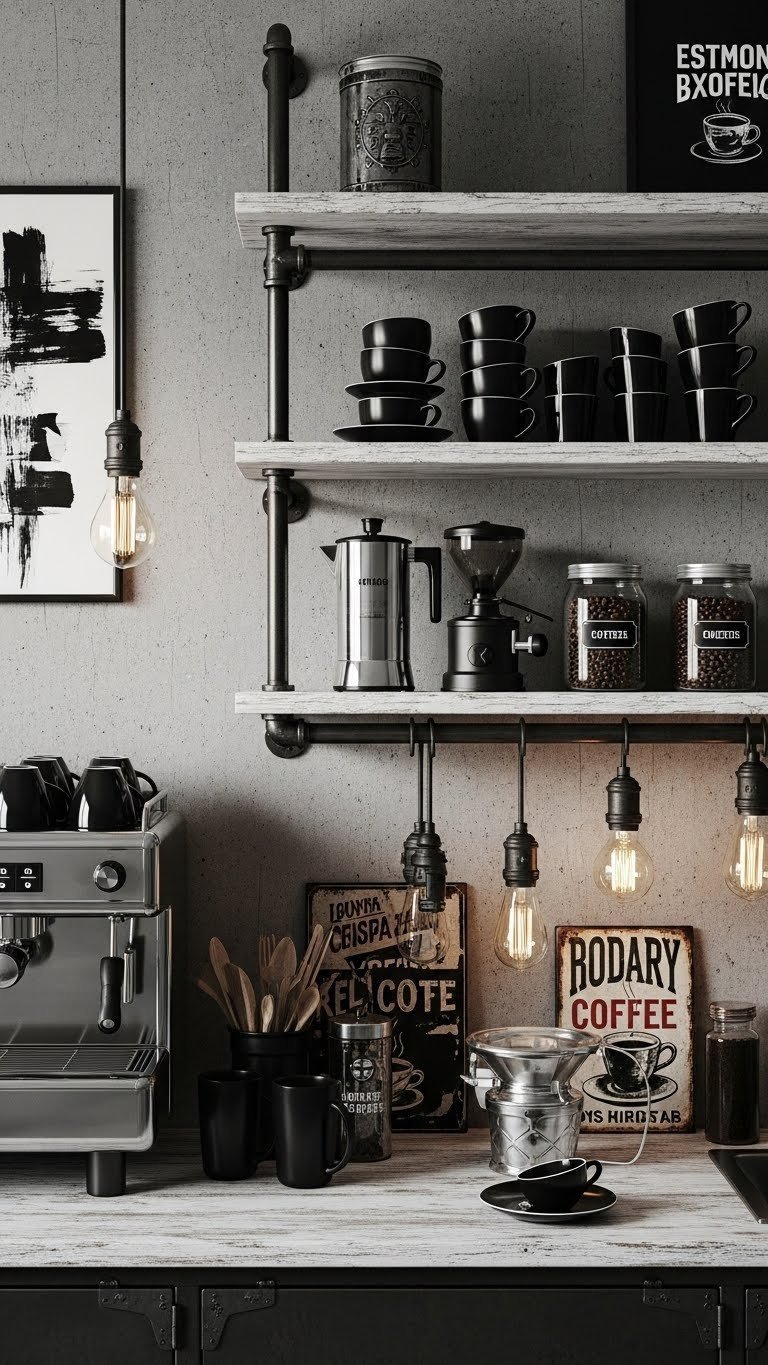 Industrial black and white pipe shelving coffee bar with metal pipes, wooden shelves, and stainless steel coffee grinder