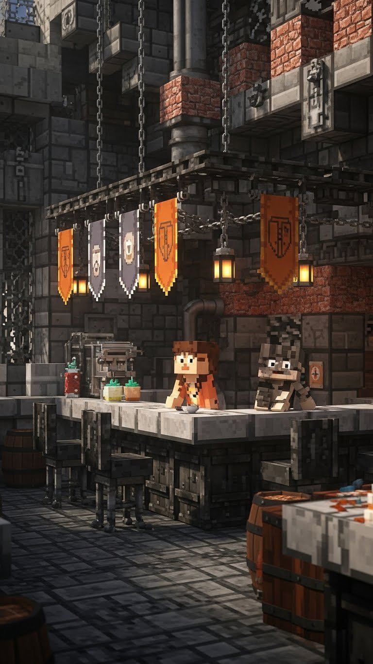 Industrial brew house coffee shop in Minecraft featuring exposed pipes, metal elements, and rugged utilitarian aesthetic