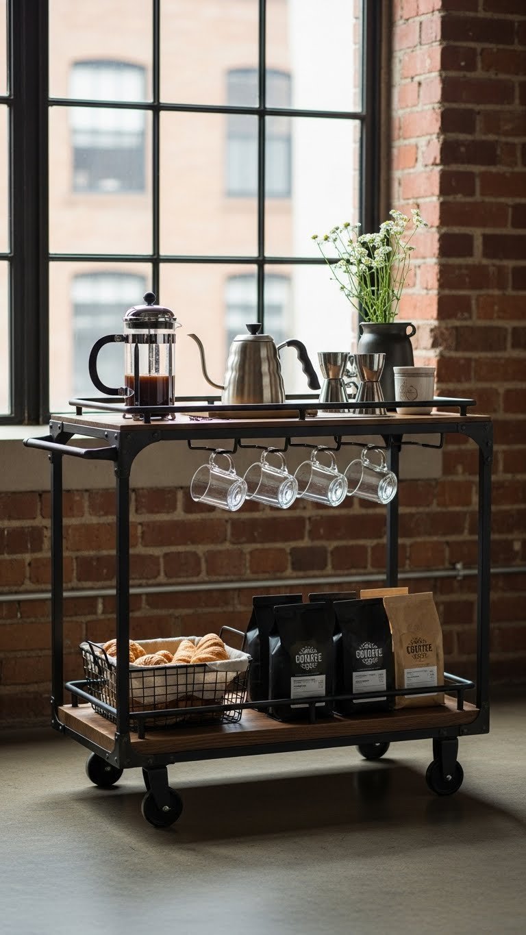 Industrial-chic coffee bar cart with metal frame, French press, and hanging glass mugs under industrial window.