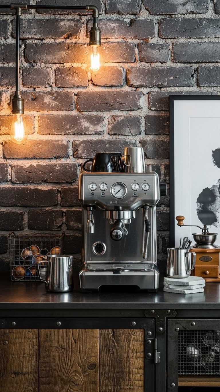 Industrial chic espresso bar featuring dark metal buffet, professional espresso machine, and concrete coasters against textured brick wall backdrop.