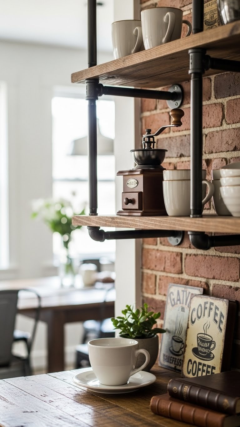 Industrial coffee bar with reclaimed wood shelves and matte black pipes holding antique coffee grinder against exposed brick wall backdrop