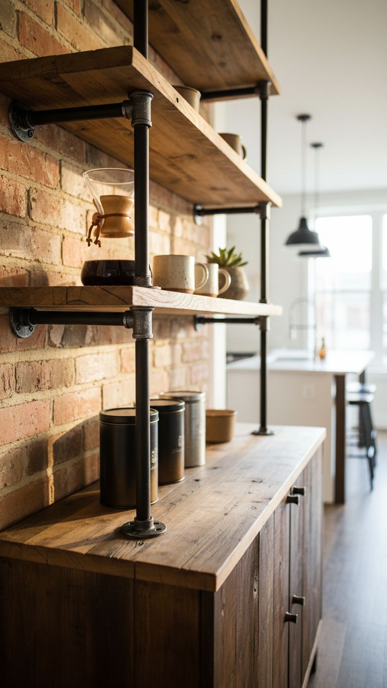 Industrial coffee hutch with open shelving made from reclaimed wood and black iron pipe fittings against brick wall