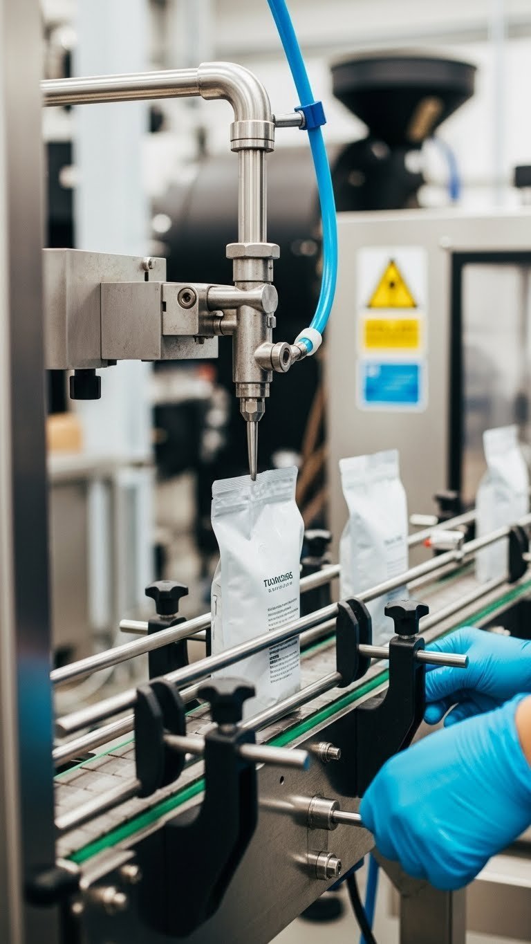 Industrial coffee packaging machine performing nitrogen gas flushing into pouch on conveyor belt in sterile factory environment