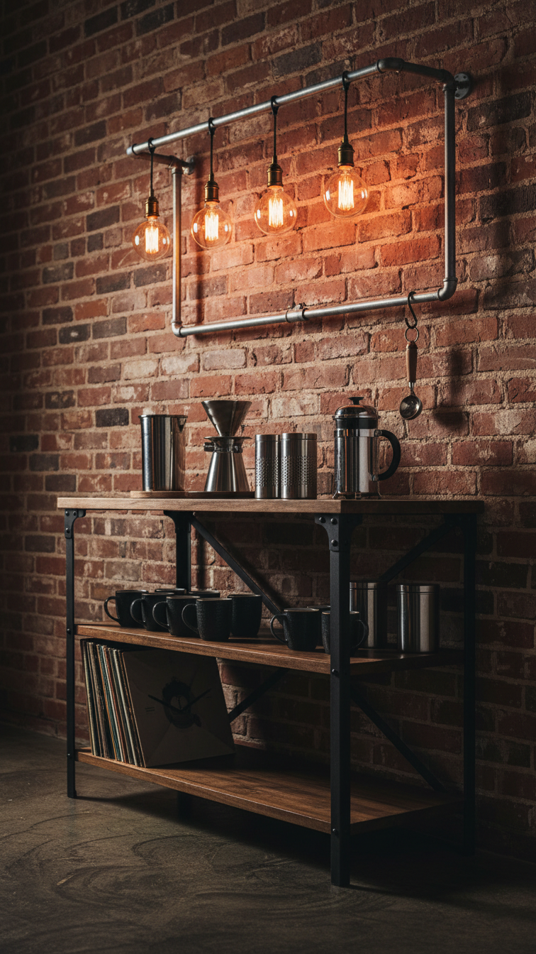 Industrial coffee station baker's rack with exposed pipes, Edison bulbs, and pour-over coffee setup
