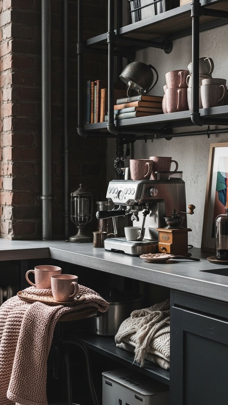 Industrial loft coffee corner with dark metal shelving, concrete countertop, oversized ceramic mugs, and modern espresso machine with soft lighting.