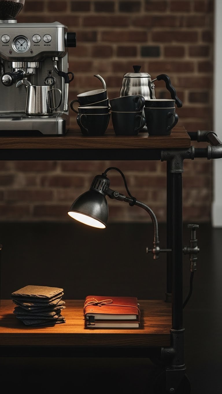 Industrial loft-style coffee cart with dark wood and iron pipes, stainless steel espresso machine, and metal accessories on brick background.