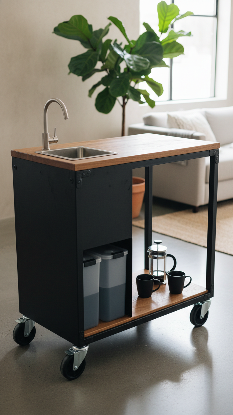 Industrial mobile coffee cart with integrated stainless steel sink and foldable faucet on black metal and wood frame