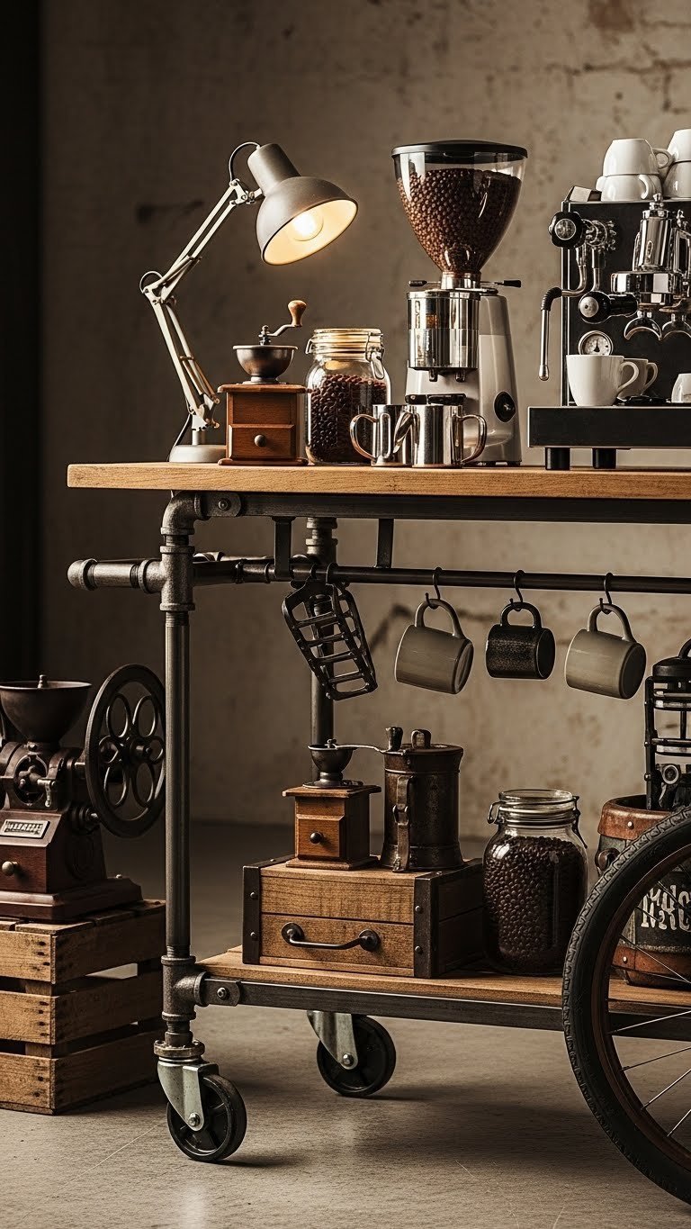 Industrial retro coffee cart with metal frame, reclaimed wood, espresso machine, and glass jars on concrete floor with brick wall.