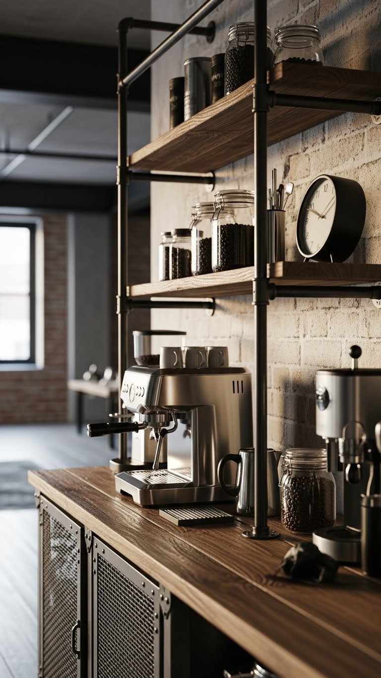 Industrial rustic coffee bar with dark metal pipe shelving, chrome espresso machine, and metal coffee bean jars