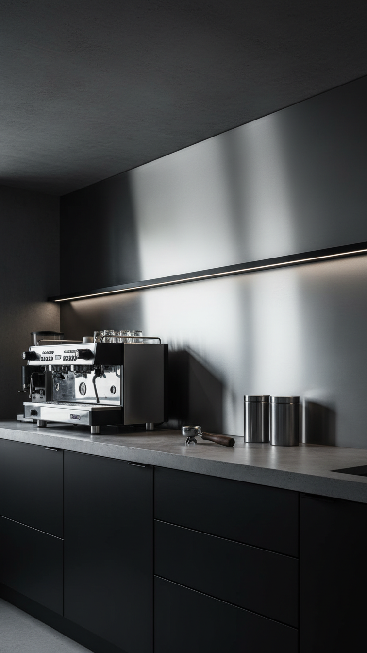 Industrial stainless steel backsplash reflecting commercial espresso machine and concrete countertops