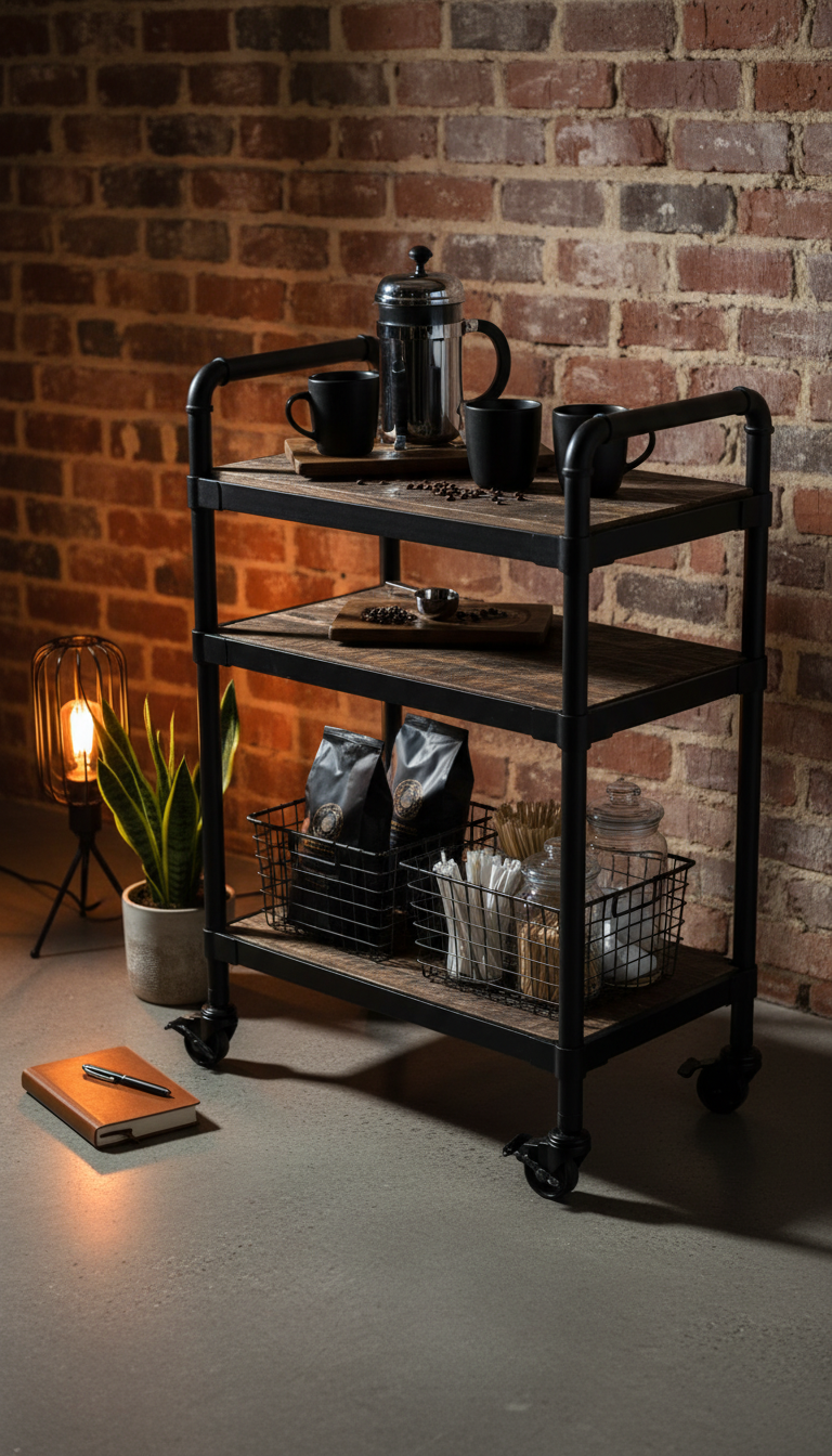 Industrial-style bar cart coffee station with matte black frame and dark wood shelves holding chrome French press