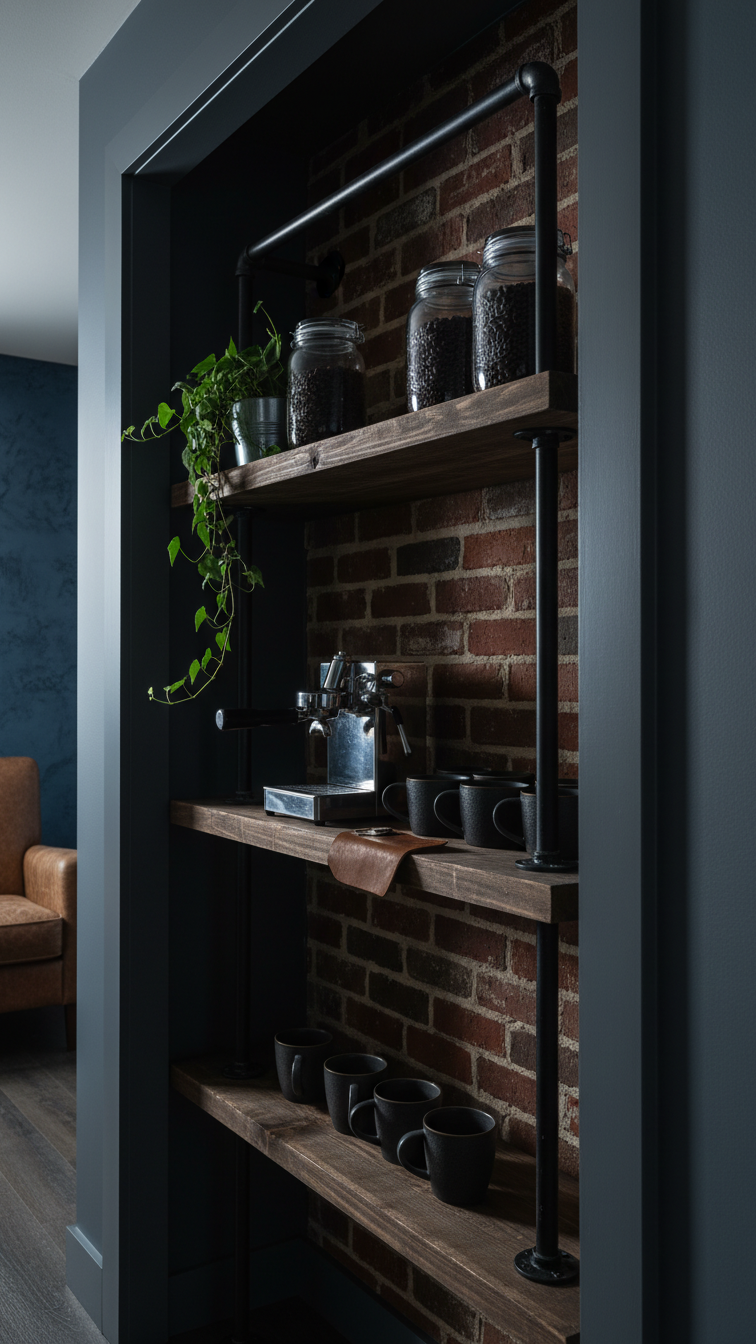 Industrial-style closet coffee bar with black iron pipe shelving, manual espresso machine, and exposed brick wall