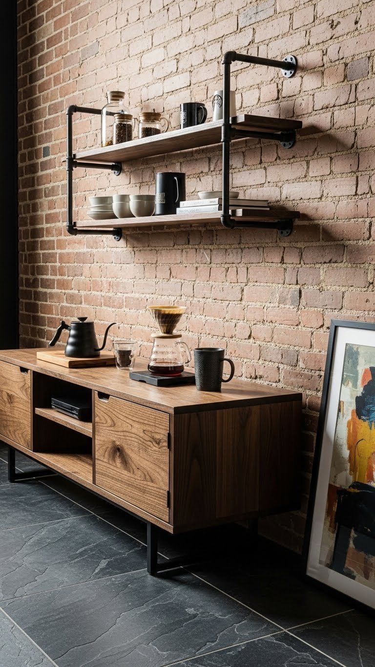 Industrial-style coffee bar with dark walnut TV console, black pipe shelving, pour-over setup, and exposed brick background.