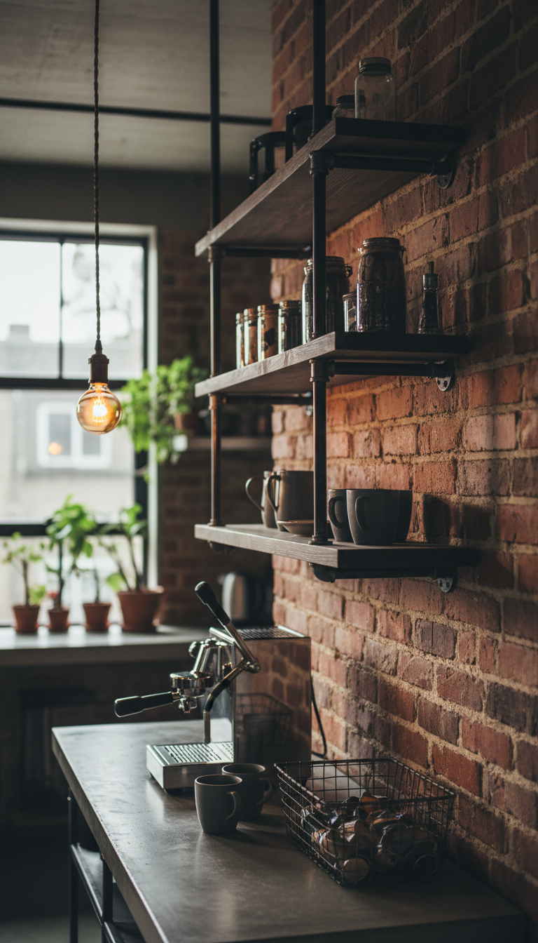 Industrial-style coffee bar with dark wood pipe shelving against red brick wall, featuring manual espresso machine and ceramic mugs