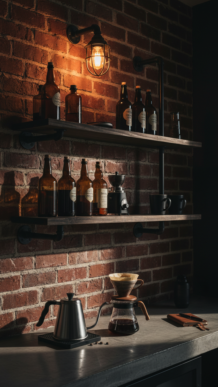 Industrial-style coffee station with dark wood shelves against red brick wall featuring pour-over equipment