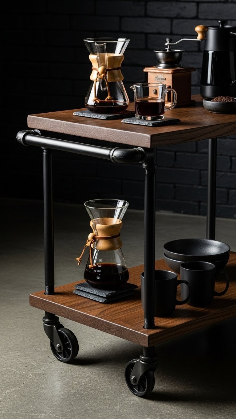 Industrial-style rolling cart with Chemex brewer and manual grinder for functional coffee setup