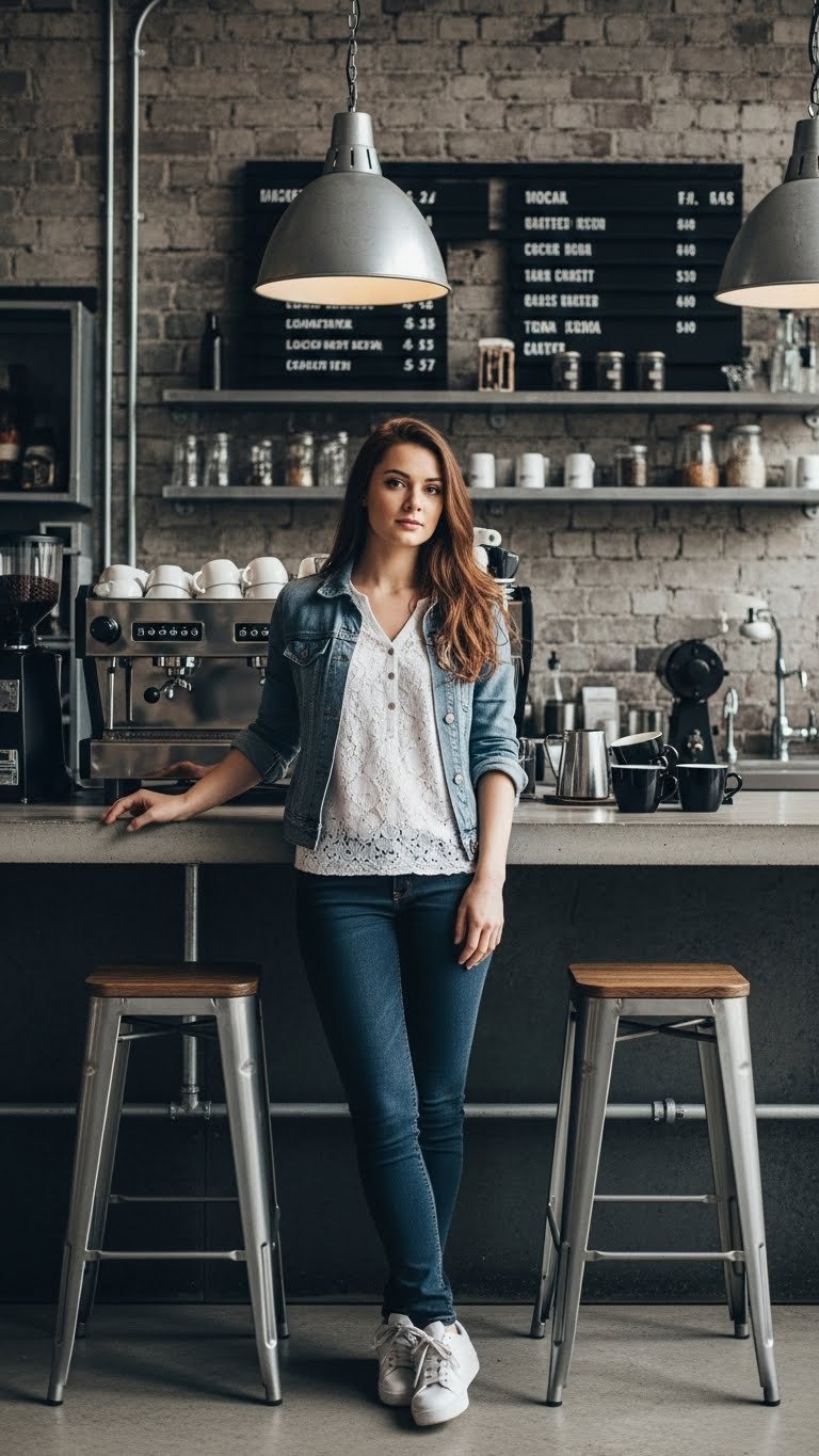 Industrial urban Toca Boca cafe featuring exposed brick walls, concrete countertops, and metal accents with utilitarian aesthetic