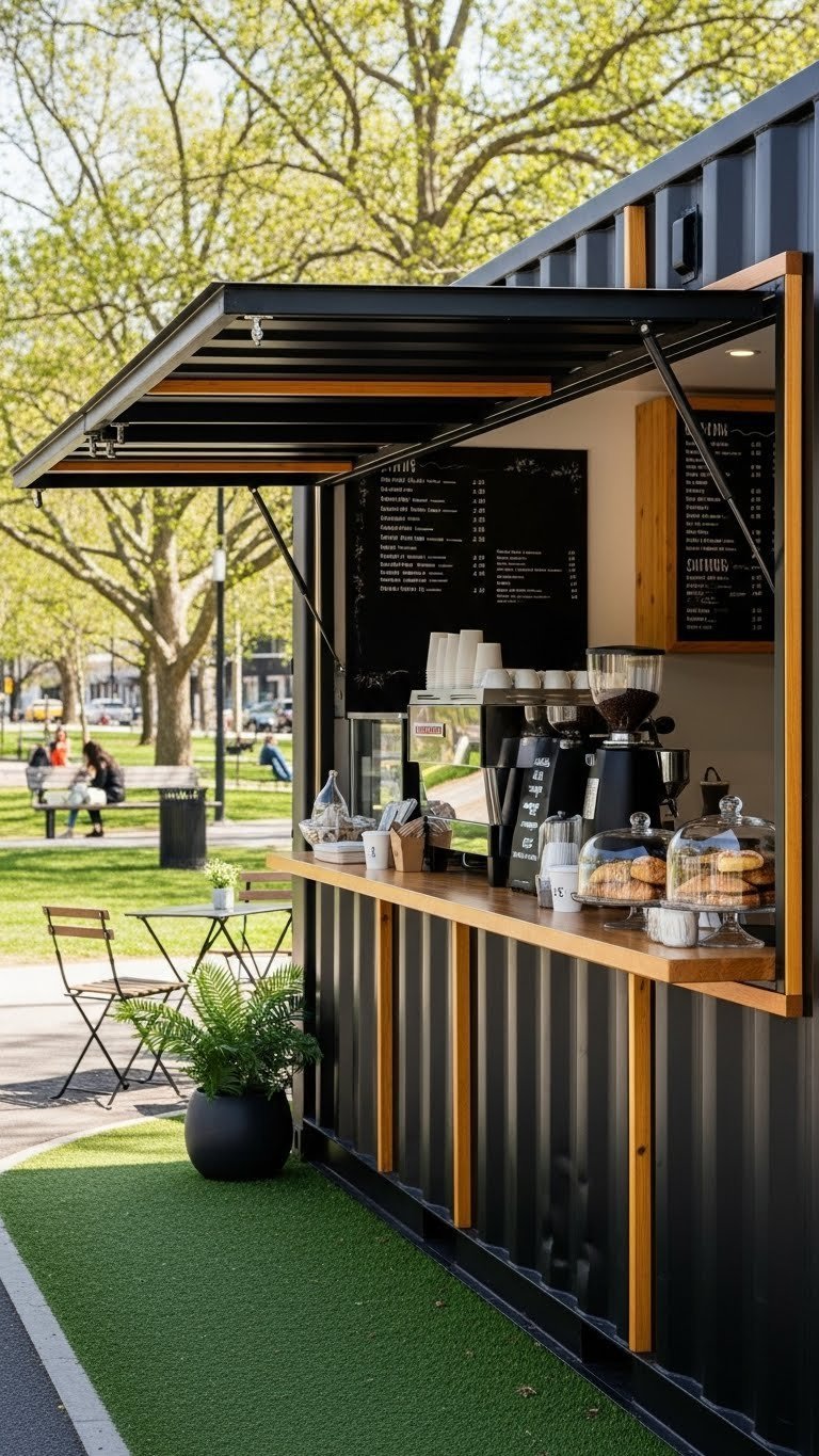 Innovative shipping container coffee kiosk in urban park with minimalist service counter and professional espresso machine setup.
