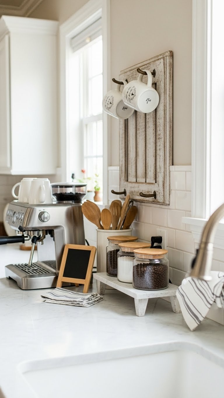 Integrated kitchen counter coffee bar with espresso machine and wall-mounted mug rack on marble surface