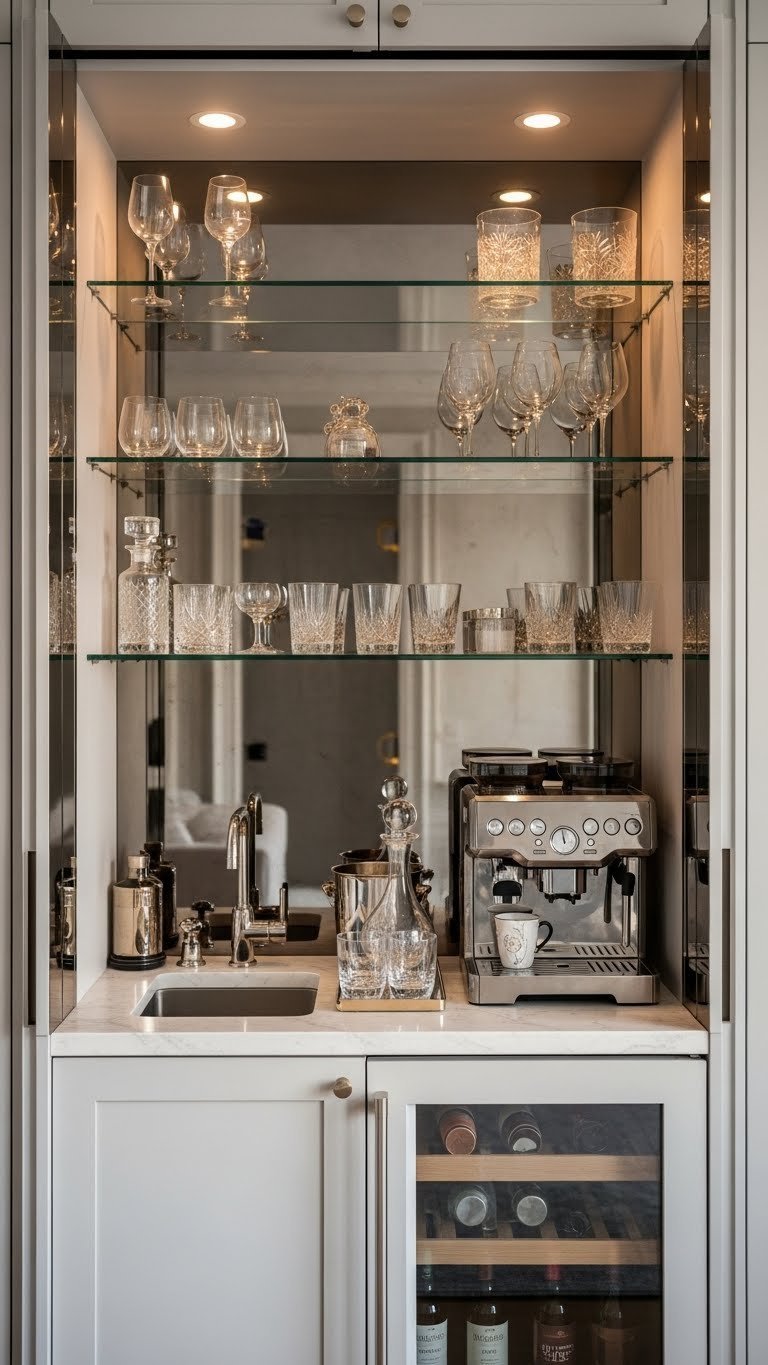 Integrated wet bar coffee station with elegant bar sink, built-in coffee machine, and glass shelving for entertaining