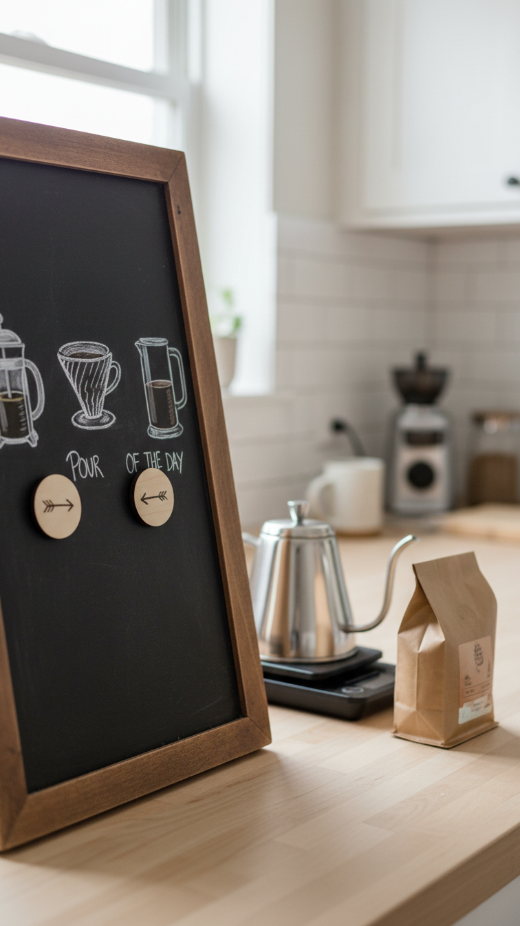 Interactive 'Pick Your Brew' chalkboard with coffee methods illustrations and movable wooden magnet on kitchen countertop