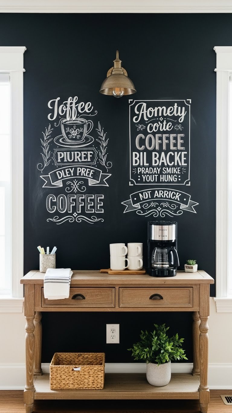 Interactive coffee bar with chalkboard wall backdrop, rustic wooden console table, coffee maker, and stacked mugs in natural light.