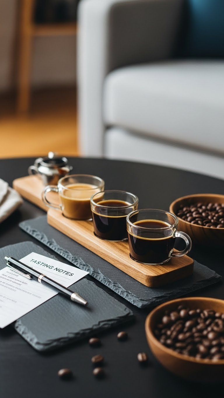 Interactive coffee tasting flight with three small glasses of different roast levels on wooden paddle