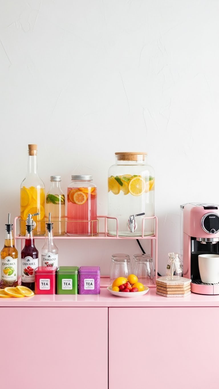 Interactive millennial pink beverage station with colorful tea selection and modern coffee maker