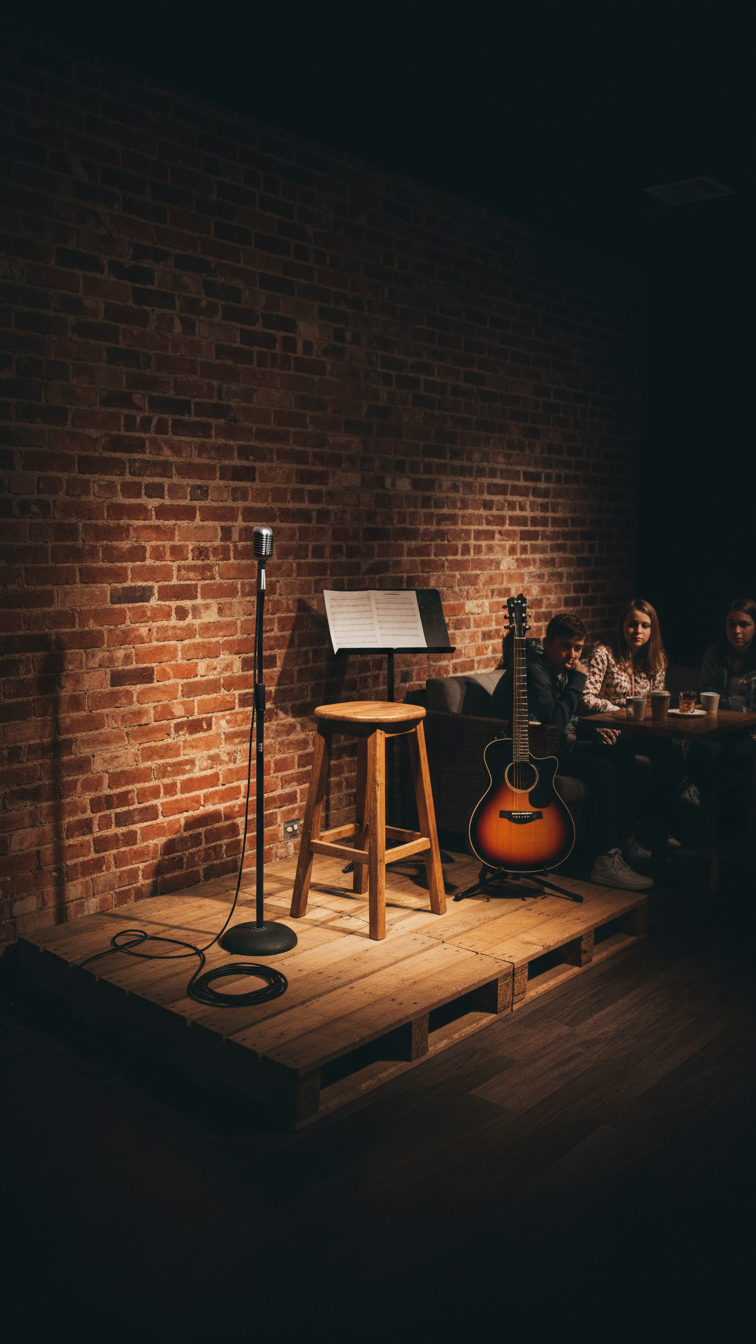 Intimate performance stage with wooden stool, microphone, and acoustic guitar under spotlight on painted brick wall