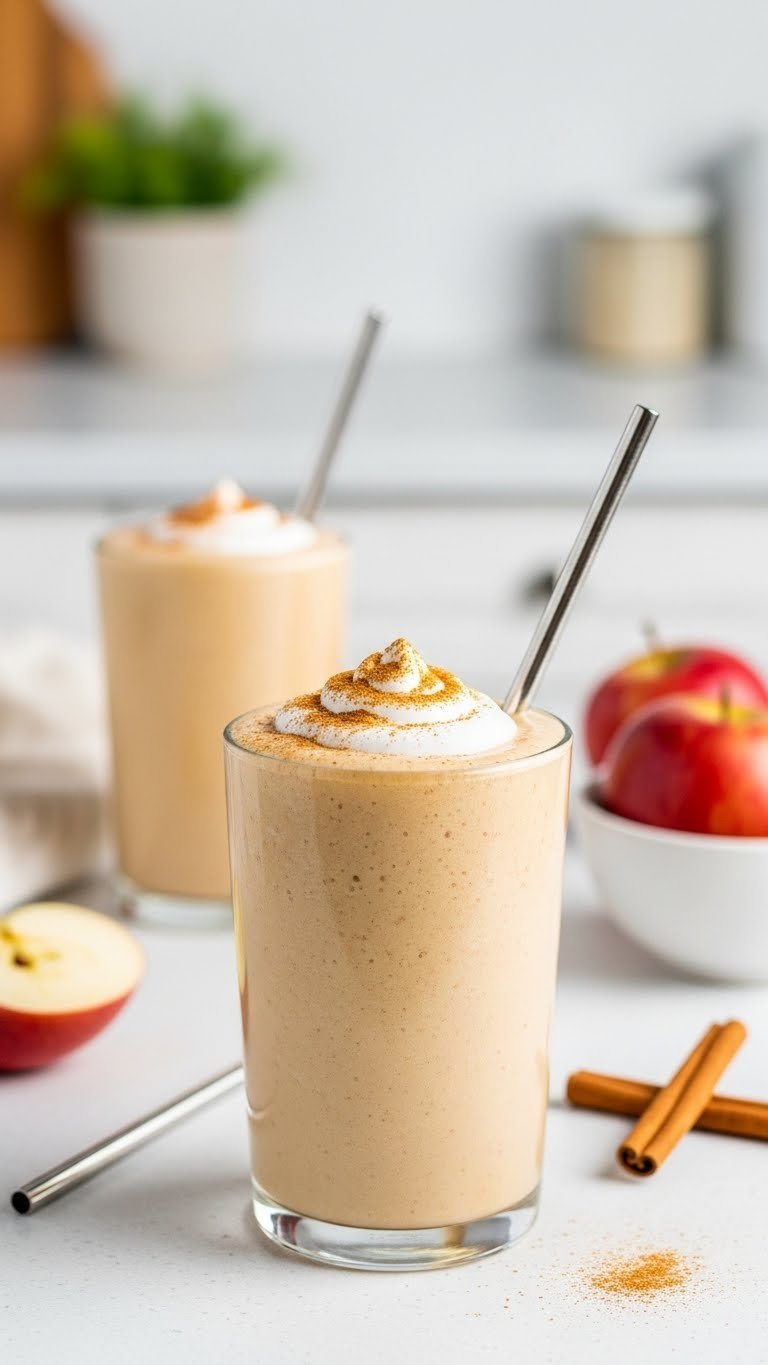 Invigorating apple pie smoothie in tall glass with coconut cream topping and cinnamon sprinkle