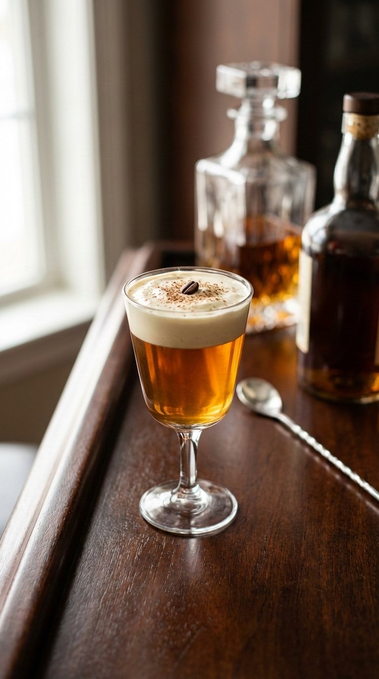 Irish coffee in stemmed glass topped with thick cream and nutmeg garnish