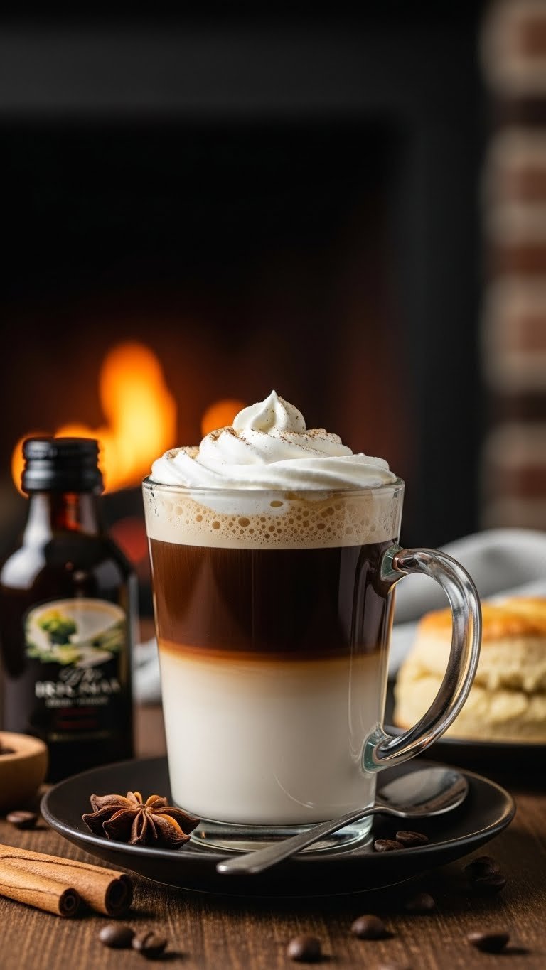 Irish cream coffee in clear glass mug with layered cream and dark coffee on dark wooden table