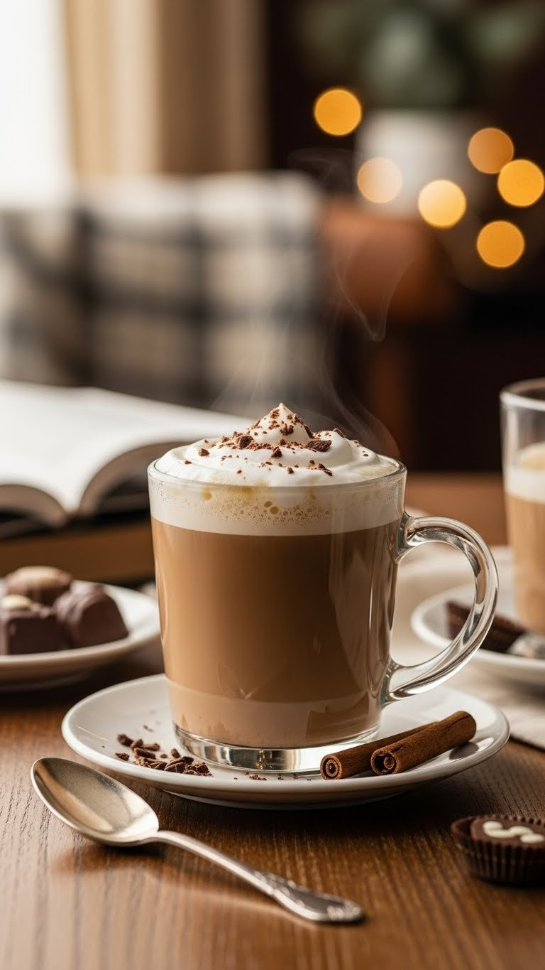 Irish cream coffee with frothed cream and chocolate shavings on polished wooden table in elegant setting.