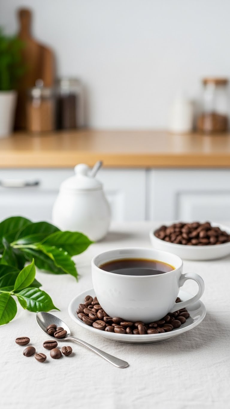 Jamaica Blue Mountain coffee beans arranged next to white porcelain cup of clear amber coffee on linen tablecloth