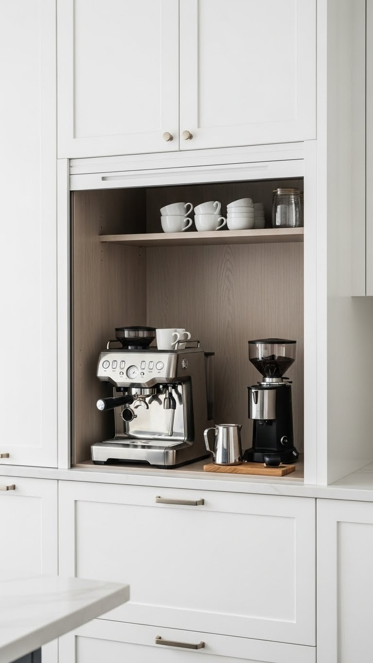 Jean Stoffer-inspired appliance garage coffee station with custom roll-up door revealing espresso machine and minimalist accessories